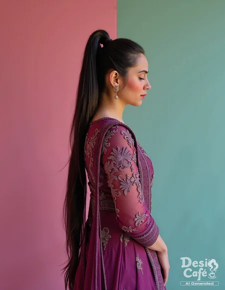 side view photo of z4hr4h kh4n woman, hyper realistic photo that is safe for work,  studio quality image with natural colors, well dressed wearing intricate long sleeved Aubergine Churidar Suit, hair styled as  high ponytail,muted pastel shaded multicolored background that contrasts with the person, cinematic lighting,âââââ âââ <lora:z4hr4h_kh4n_Zahrah_Khan_Flux_Kohya_V1:1>âââ
