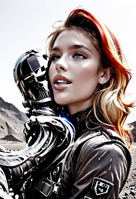score_9, score_8_up, score_7_up, Realistic, cinematic shot, selective color, monochrome background, grayscale, 4k, Gadget, side view,
(((Girl kisses an alien, hetero, cross species, inter species))), 
Tender kiss,
(1boy, big alien, alien species, strong animal, non-humanoid, slime, chitin, antennae,  tentacles, groping girl),
18yo, blonde, red front highlights, perfect face, stunning, breathtaking face, detailed face, perfect teeth, expressive eyes, extremely cute, medium boobs, round stomach, sexy, partial nudity,
Pear-shaped figure, short female, stocky, perfect round butt, wide hips, narrow waist, strong legs, thick thighs, long legs, short torso, narrow shoulders, 
Work clothes, space mechanic outfit, thick cargo pants, midriff, 
Detailed background, black and white background , alien desert, alien desert flowers, alien fauna, impossible landscape, two moons, outdoors, open space, 
highres, absurdres, in focus, hetero,
easynegative, CyberRealisticPony_POSV1, Stable_Yogis_PDXL_Positives, negative_hand, ALRGFC, alluring face, realistic, Gadget, SelectiveColorStyle, 1colorpop, 2colorpop