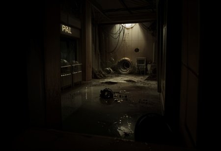 score_9, score_8_up, score_7_up, score_6_up, score_5_up, score_4_up, abandoned shopping mall, at night, no people, empty abandoned mall, destroyed, eerie, camera flash, partially flooded, ((( abandonned, Portal_2, Old_Aperture)))