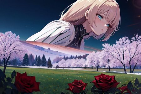(masterpiece:1.4), 4K8K, (anime style), (high shutterspeed:1.4), (sharp edges), 
plants niji style,
flower rose, 1 woman prey with hands togather, neeling, leaning foward, 
wearing Celtic style dress, (Detailed face, Detailed eyes), 
amber colored roses, Alps at night in the background,