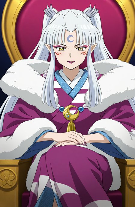 general,highres, ultra-detailed,very aesthetic,best quality ,best hands,  BREAK  <lora:Sesshomaru_no_Haha_IS:1>
Sesshomaru_no_Haha,pointy ears, japanese clothes, 1girl,solo, facial mark, kimono, white hair, long hair, 
yellow eyes, makeup, lipstick, forehead mark, crescent, necklace, fur, jewelry, purple lips, ponytail, twintails, fur trim, anime coloring, hair ornament, wide sleeves,
throne, throne, sitting,fearless smile,