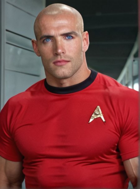 1boy, 20 year old male, Handsome, masculine, blonde, star trek, red shirt, muscle,  tall, tight shirt, wide pectorals, big shoulders, wide shoulders, muscular neck, German, bald, big pale blue eyes, abs, biceps,

stunf, star trek uniform,