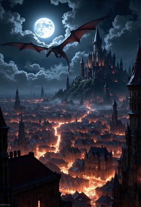 A vast medieval fantasy city set against a dark, starlit night sky, with a radiant full moon casting an ethereal glow across the landscape. The moonlight creates shimmering glares on rooftops and streets, enhancing the sense of mystery. Perched on a hill overlooking the city, an ominous castle with towering fortresses looms, its shadow casting an eerie presence. Above the city, a colossal dragon soars, wings spread wide, its scales reflecting the moonlight. The dragon breathes torrents of fire onto the city below, where flames rage uncontrollably, engulfing buildings and even reaching the castle. Chaos unfolds as the city is consumed by fire, with embers swirling into the night sky, creating a dramatic, apocalyptic scene
<lora:FredFraiStyle-FLUX-Share:0.5>  <lora:FluxMythP0rtr4itStyle:0.7>   <lora:dark_fantasy_flux:0.9>