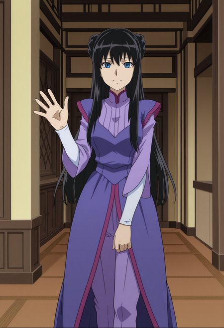 1girl,solo,mm,mature female,long hair,black hair,blue eyes,anime coloring,
braid,hair bun,double bun,purple uniform,purple dress,purple pants,long sleeves,looking at viewer, waving, smile,indoors
,masterpiece,best quality,amazing quality,<lora:Marina_Ismail-Gundam_00_Season1:0.8>