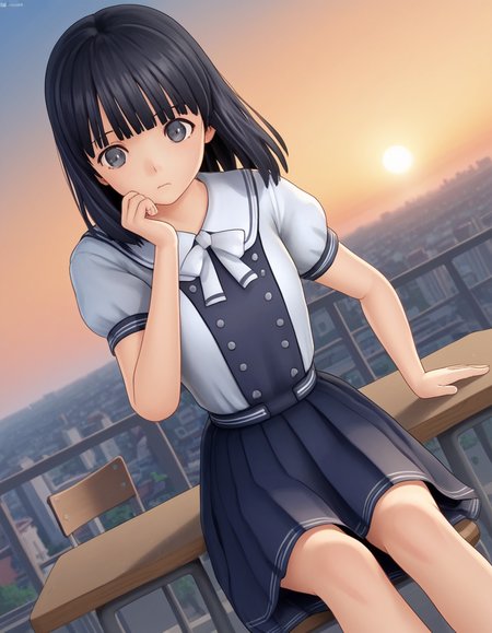 score_9, score_8_up, score_7_up, source_anime, <lora:rinze-himenogi-ingame-ponyxl-lora-nochekaiser:1>, rinze himenogi, bangs, black hair, blunt bangs, black eyes, 3d, skirt, dress, school uniform, short sleeves, puffy sleeves, black dress,, rooftop, sunset, cityscape, quiet moment, wind blowing, contemplative, , , sitting, elbow rest, table,, solo,, dutch angle,