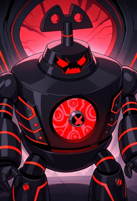 masterpiece, best quality, amazing quality, very aesthetic, absurdres, newest, 
 clockwork, robot, solo, no humans, 
black robot, red glowing lines, red eyes, angry eyes, red mouth, sharp mouth, crooked mouth, jagged mouth, evil mouth, red glowing lines, black robot shell,