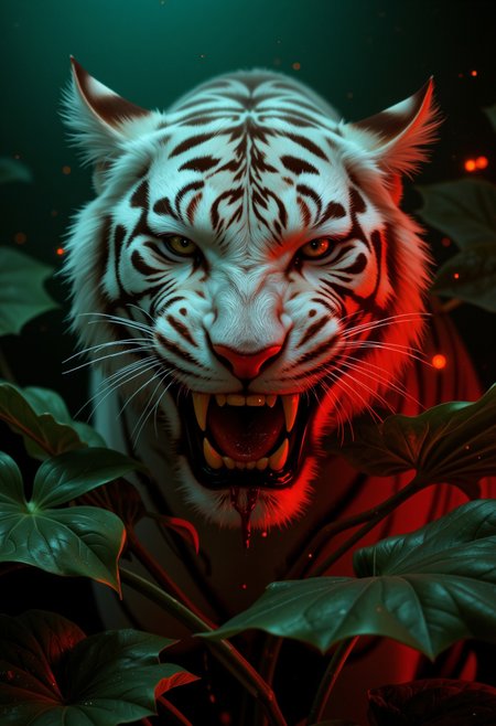 Doomguy style, cinematic close-up portrait of a majestic white tiger, staring at the camera with a bloody face, its mouth open, snarling and roaring, revealing sharp fangs dripping crimson. A dark greenish background with monstera leaves, with glowing wisps of liminal fog surrounding it in a dramatic red light, and shining light particles floating in the air. An analog film photo, with heavy film grain that creates a grainy texture, light leaking from the sides, lens and chromatic aberration that shift rgb colors, a shallow depth of field, and cinematic lighting.
<lora:Doomguy v1.5:0.8>