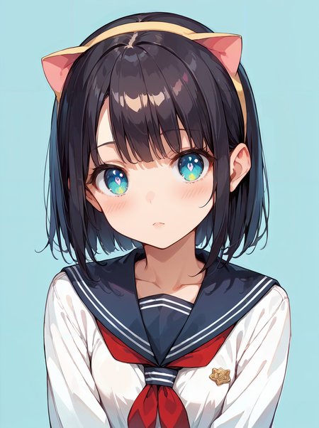 score_9, score_8_up, score_7_up,source_anime, high res image,masterpiece,best quality,(petite girl:1.0),cute face,clear skin,shiny hair,ultra detailed eyes,uncensored,simple background,
 <lora:nekomimi hachimaki_pony_V1.0:1> nekomimi hachimaki, cat ears,school uniform