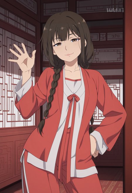 1girl,solo,mm,mature female,long hair,brown hair,brown eyes,bangs,braid,twin braids,anime coloring,
chinese clothes,hanfu,red jacket,red pants,cowboy shot, contrapposto, hand on own hip, waving, looking at viewer, indoors,smile
,masterpiece,best quality,amazing quality,<lora:Taoyao-Fairies_Album:0.8>