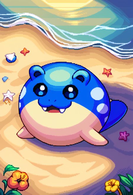 score_9, score_7_up, BREAK, solo, , looking at viewer,  <lora:CPS2-pdxl_Fp:1>, , full body, pixel art, <lora:Spheal-pdxl_Fp:1>, sphealpk, pokemon \(creature\), fang, happy, beach, ocean, blue skin,