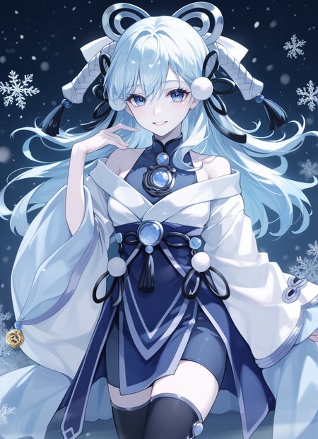 (score_9:0.9),score_8_up,score_7_up,rating_safe,(zPDXL3),(zPDXL),
masterpiece,intricate details,anime,4k,best quality,anime style,
<lora:Yuki-Onna, the Absolute Zero Mayakashi ponyXL v1:0.76>,winter,blue theme,
yuki-onna the absolute zero mayakashi, 1girl, solo, white japanese clothes, smile, white skin, blue theme, black thighhighs, off shoulder, black hair ribbon, blue bodysuit, hand up, pink chest jewel