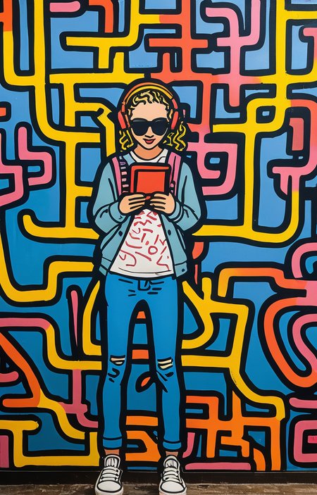 masterpiece,best quality,<lora:tbh164-sdxl:0.9>,illustration,style of Keith Haring, tech genius teenage girl