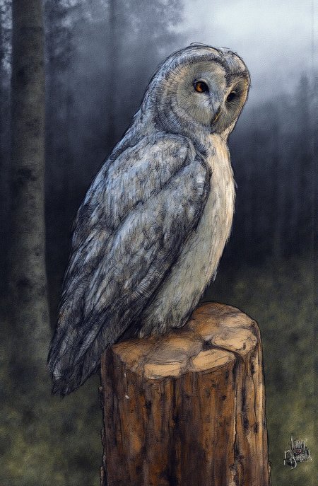 Sharp image of a rough sketch, rendered in vibrant multi colour ballpoint pen, capturing the adorable features of a portait of a Great Grey Owl perched on a tree stump in a forest. The owl is facing towards the right side of the image, with its head turned slightly to the left. Its body is covered in grey feathers, and its eyes are large and round. The background is blurred, but it appears to be a dense forest with tall trees and fog. The sky is dark and cloudy, and the overall mood of the photograph is eerie and mysterious.  p3nsk, <lora:p3nsk:1>
