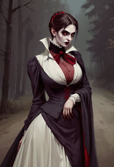 (video game illustration in jrst artstyle:1.2) about a victorian female vampire from a gothic horror RPG game; busty, large breasts, slender