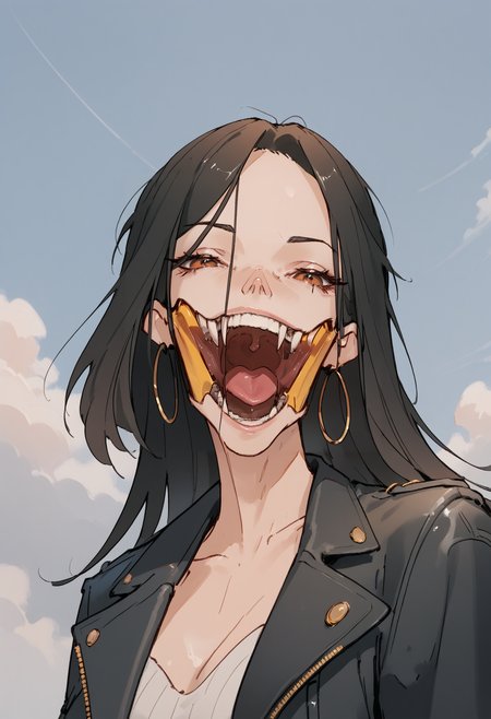 score_9, score_8_up, score_7_up score_9, score_8_up, score_7_up, score_6_up, score_5_up, score_4_up,
 <lora:BifurcatedJaw:1> (bifurcated jaw, open mouth), 
, 1girl, solo, long hair, looking at viewer, smile, black hair, jewelry, brown eyes, upper body, earrings, coat, lips, hoop earrings