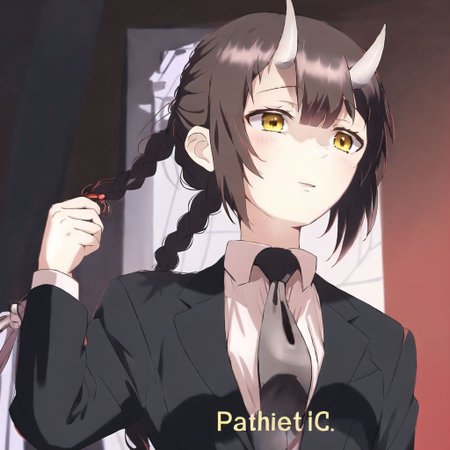 <lora:pathetic_meme_rifv2:1.0>, patheticmeme, upper body, 

<lora:onihors:1>, oni horns, oni, horns, 1girl, arm at side, arm behind back, bangs, black neckwear, black pants, bottomless, braid, braided ponytail, breasts, brown hair, business suit, collared shirt, expressionless, eyebrows visible through hair, formal, highres, looking at viewer, medium hair, necktie, neckwear, pants, red background, ringed eyes, shirt, shirt tucked in, simple background, solo, suit, unknown0791, white shirt, yellow eyes
