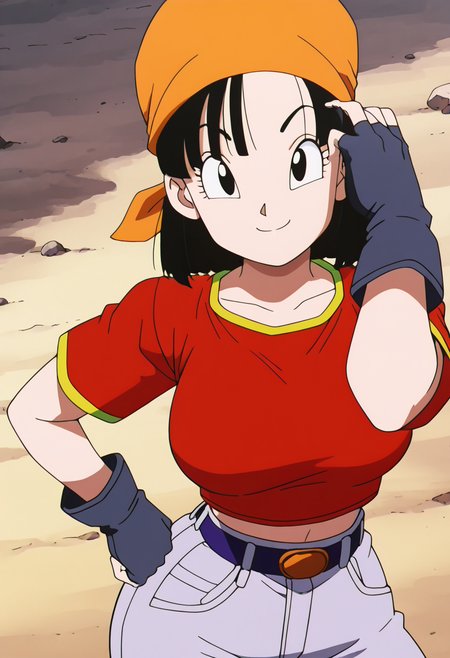 masterpiece, best quality, solo, curvy, beautiful eyes, aged up, large breasts, narrow waist, wide hips, 1girl, solo, smile, looking at viewer, foreshortening, close up,    zzPan, black hair, short hair,  bandana, fingerless gloves, red shirt, denim jeans,   ,<lora:PanDBGT_IXL:1.0>,from above, dynamic pose, cowboy shot, smile, looking at viewer, shiny skin,