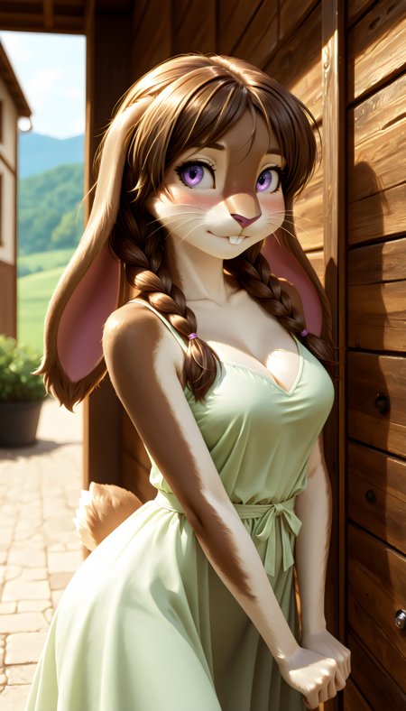 masterpiece, best quality, amazing quality, very aesthetic, high resolution, ultra-detailed, absurdres, newest, scenery, furry, anthro, {Prompt}, BREAK, detailed background, detailed hair, depth of field, detailed fluffy fur, photorealistic details, Moonlit Woman,HDeyes,

BREAK

N1c013,1girl,solo,furry,furry female,rabbit girl,brown hair,long braided hair,rabbit ears,purple eyes,snout,animal nose,whiskers,buck teeth,body fur,two tone fur,brown fur,grey fur,rabbit tail,

BREAK

  farm, light green dress, seductive look, medium breasts, cleavage,  eyes half open, looking at veiwer, mouth closed, blushing ,giving veiwer hug