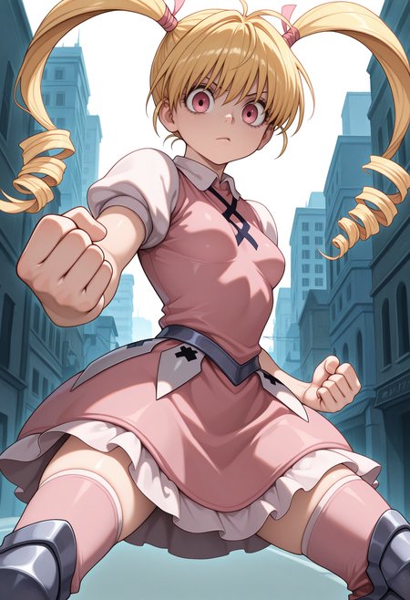 1girl, solo, pink eyes, blonde hair, long hair, twin drills, hair ribbon, pink ribbon,  looking at viewer, hunter x hunter, small breasts, 
unamused, looking at viewer, fighting stance, clenched hands, armored dress, armored thigh highs, outdoors, city street
,masterpiece,best quality,amazing quality,
 <lora:bisky_meipaws:.9>