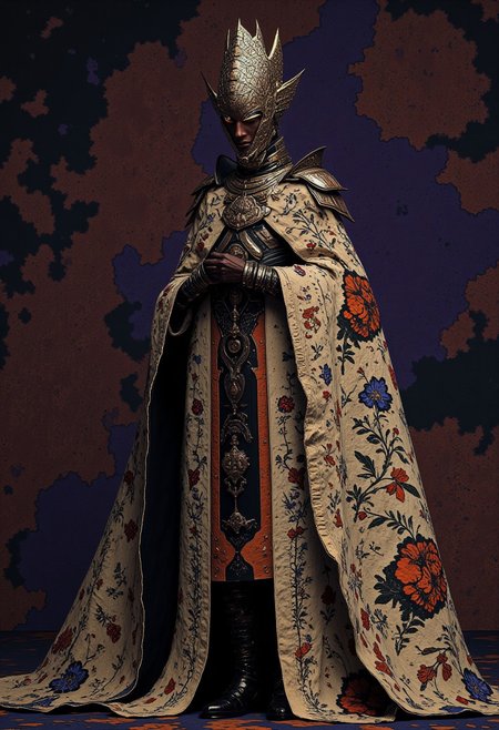 "The king wore a long cloak of fine silk studded with rosebuds and a silver skullcap."