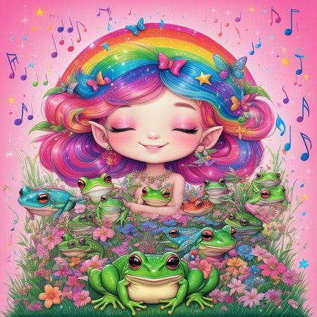 stairs, earrings, solo, long hair, cherry, grass, day, gradient, star (symbol), rainbow hair, closed mouth, vibrant rainbow, tree, frog, planet, colorful, sparkles, musical note, house, pink background, pointy ears, closed eyes, scales, piercing, hair bow, building, double bun, 1girl, heart, flower, cute creatures, simple background
