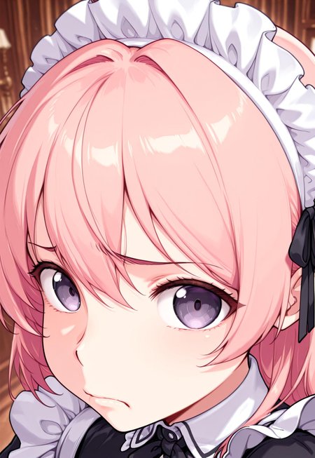 absurdres, masterpiece, 1girl, anime girl, solo, BREAK, CivChan, purple eyes, pink hair, BREAK, maid headband, BREAK, no bitches, close-up, portrait, solo, blurry background, looking at viewer, closed mouth, frown,