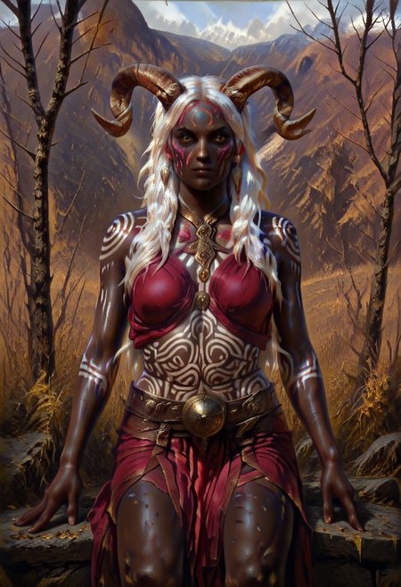 masterpiece, best quality, newest, absurdres, highres, DFOP-V3.0, oil painting, 1girl, dark skin, dark-skinned female, white hair, long hair, very long hair, body paint, face paint,  goat horns,
