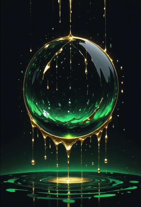 (masterpiece), best quality, Anime, (Floating Sphere, Melting, Dripping), Black Background, No Humans, Green and Black Theme, Gold Filigree, (Light Refraction), Symphtia-Style