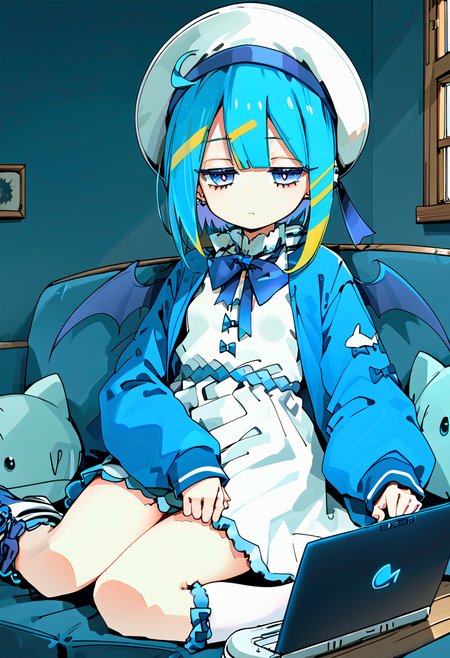 (score_9:0.9),score_8_up,score_7_up,rating_safe,unaestheticXL_3x3,anime style,(zPDXL), <lora:Live twin ponyXL v1:1>, 1girl, small breasts, lil la, white dress, blue jacket, white socks, white sailor hat, blue demon wings, blue sneakers, blue ribbon, expressionless, half-closed eyes, <lora:Illuminated_By_Screen:0.8>, Scr33nLum, laptop, sitting, dark,indoors, shadows, harsh lighting, couch,