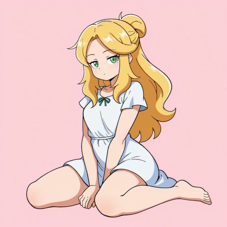 (Zaemon, accurate), IIllusP0s, high quality, best quality, masterpiece, high detail, highres, absudres, intricately detailed illustration, 4k, 8k, high resolution, amazing quality, BREAK 
perfect shading, 1girl, light skin, blonde hair, green eyes, tied hair, long hair, white dress, sitting, dynamic pose