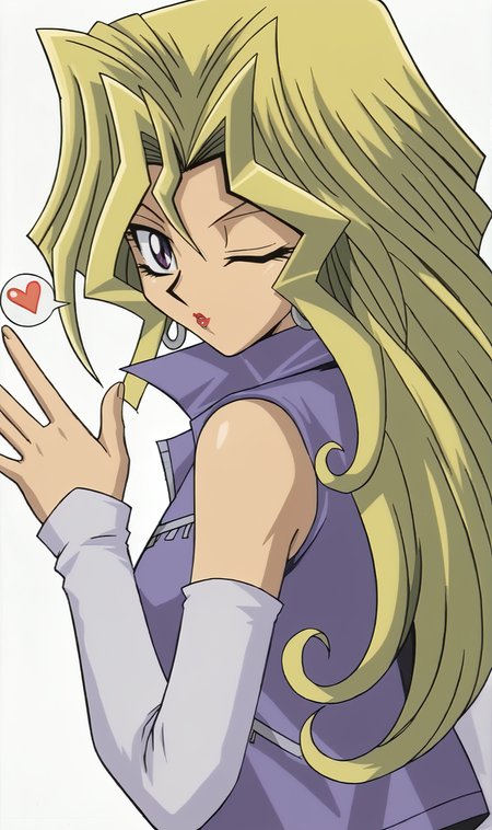 MV, 1girl, solo, blonde hair, long hair, purple eyes, lipstick, purple sleeveless jacket, detached sleeves, from behind, looking over shoulder, looking at viewer, blowing kiss, waving, wink, portrait, white background, blank background, <lora:Mai Valentine Pony XL:0.9>