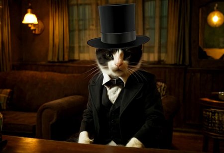 modeltrue, houdinicat, best quality, 4k, hd, a cat with a black top hat in a bar looking nostalgic smoking a cigar, indoors, instrument, (1cat), silly_cat, standing, window, table , bottle, hat, smile, looking_at_viewer, scenery, guitar, chair,  night, glasses, curtains, lantern, depth_of_field, realistic, couch, shadow, choker, jacket, light, fire, open_clothes, profile, low light, ray tracing, melancholic, dutch_angle