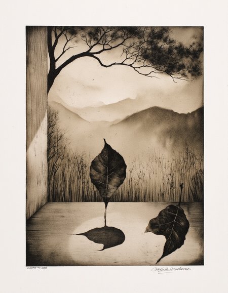 Art by Marina Richterova. A black and white, japanese woodblock print from the series "autumn leaves" from the "from above" series. the image features a surreal landscape with a foggy, misty atmosphere. in the center of the image, a single leaf is suspended in mid-air, casting a shadow over a wooden surface, creating a sense of depth and perspective. the leaf is detailed with veins and a textured surface, giving it a realistic appearance. on the right side of the leaf, another leaf is partially visible, adding depth and dimension to the otherwise monochromatic image. the background features a distant landscape with rolling hills and a distant horizon, set against a muted beige and black color palette. the photograph is framed in a simple white border, with a signature at the bottom, adding a touch of elegance to the overall composition.