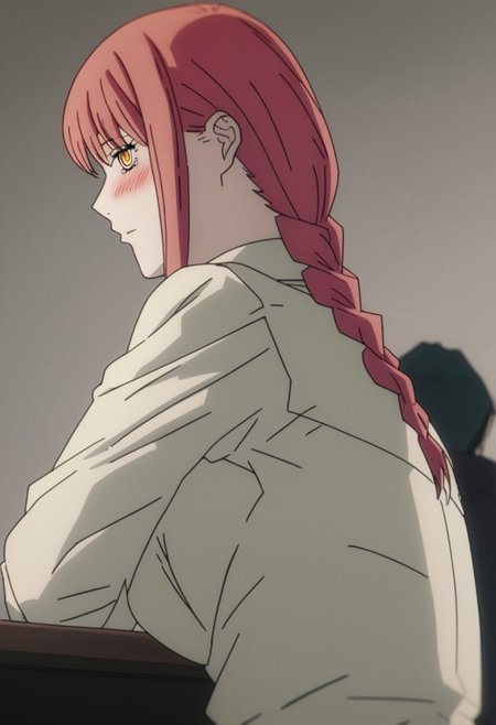 1girl, mak1ma0, red hair, long hair, ringed eyes,
 Anime girl , makima (blushing:1.2),, big boobs. best quality,  black hair slender girl, years 20 old,  no pants, no socks, office cloth