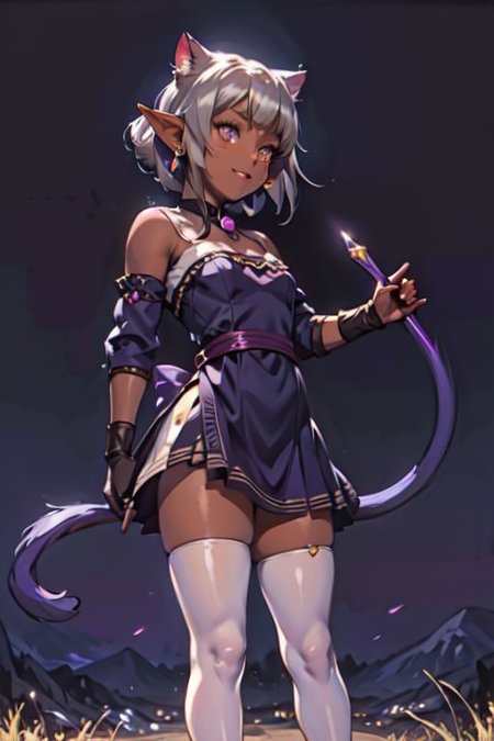 (masterpiece:1.2), (best quality:1.2), perfect lighting, beautiful, <lora:add_detail:0.5>, RAW, analog, Canon 85 mm, award winning glamour photograph, ((hyperrealistic)), fine details, 8k, uhd, extremely detailed body, (extremely detailed skin:1.2), clear, (professional lighting), highres, high detail, sharp focus, aesthetic, extremely detailed, max detail, natural skin texture, elegant, sharp focus, natural lights, HDR, high quality, (front view, standing, model posing:1.4), 1 girl, looking at viewer, elf girl, pointed ears, smug grin, fcNeg, check the prompts for ideas, fcNeg, (dark skin:1.5), elf, earrings, dark purple hair, witch, long hair, (silver eyes:1.5), thighhighs, gloves, indigo dress, cleavage, bare shoulders, elbow gloves, witch hat, white thighhighs, small bust, short stature, Style-GravityMagic, MNN_Taruto, Neko mage, dark purple cat tail