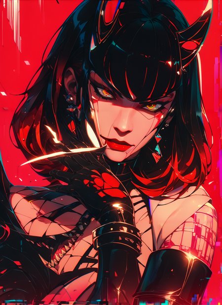 (score_9, score_8_up, score_7_up, thick lineart, sharp edges, cel shading, linear hatching, black and white comic-noir aesthetics, film noir atmosphere, high contrast, duotone, neon glitch art crimson and obsidian black), grim, dark ,