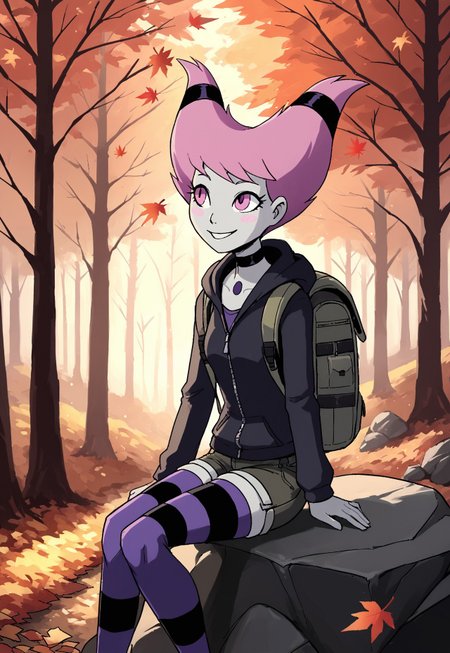 safe_pos, <lora:JinxTTPony1.2:0.8> jinx, 1girl, pink hair, grey skin, hair ties, choker, solo, pink eyes, blush stickers, chest jewel, short hair, colored skin, adult female, small breasts,  ((wool leggings, cargo short shorts, zip up hoodie, backpack, sitting on rock, quarter view)),
outdoors,  looking up at leaves change, smile, score_9, score_8_up, score_7_up, score_6_up, score_5_up, score_4_up, detailed background, outdoors, forest, hiking trail, (autumn, tree, autumn leaves, nature, outdoors), source_cartoon, source_anime, 