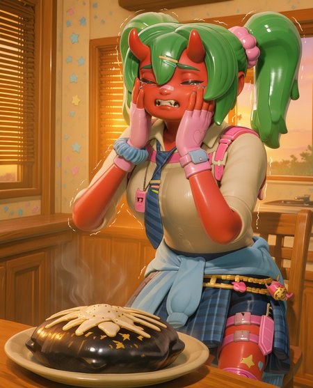 highly detailed, (upper body:1.3),  (detailed background, kitchen, sunset, golden hour, shutters, blinds down, blinds, wooden table, wooden chair, orange interior, indoors:1.2),  (delicious food, crying, tears, sad, closed eyes, tears flowing down the face, trembling, hands on own face, bomb on plate:1.2), (fortnite_nemia_lego:1.5),  1girl, solo, green hair, twintails, ponytail, long hair, bangs, hair between eyes, hair over one eye, ears, horns, oni horns, single horn, red skin, pink skin, blue eyes, parted lips, bandaid, bandaid on nose, bandaid on thighs, breasts, shirt, school uniform, necktie, plaid skirt, thighhighs, socks, loose socks, boots, jewelry, earrings, bracelet, charm, belt, gloves, fingerless gloves, knee pads, leg warmers, collarbone, solo, colored skin, hair ornament, hairclip, scrunchie, holster, striped necktie, clothes around waist, oni, plaid, charm (object), blue necktie, sweater around waist, animal print, heart, shoes, star (symbol), thigh holster, fangs, teeth, , <lora:delicious_food_surprised_hands_on_own_face:0.9> <lora:Fortnite_Nemia_Demonically_Cute_Set_ILXL_E41_16_DIM:1>
