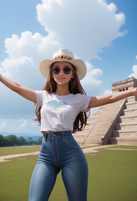 score_9, score_8_up, score_8, medium breasts, (curvy), cute, eyelashes,     
BREAK,
zzChichenItza,
1girl, long hair, hat, day, cloud, sunglasses, v, building, spread arms, denim jeans
zPDXL,