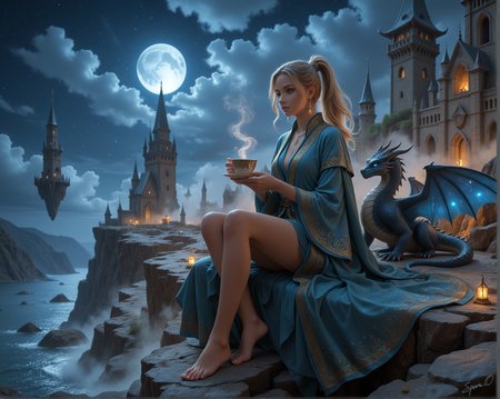 A stunning digital painting of a beautiful blonde woman with fair skin and long hair, sitting on a rocky cliff overlooking a full moon. She is wearing a blue, ornate robe with gold patterns, and holds a small, glowing cup of tea in her hands. A black, dragon-like creature sits beside her, its wings spread wide. The background features a majestic castle with tall spires and a grand entrance, set against a night sky filled with stars. The scene is serene and magical, with a sense of wonder and enchantment. The artist's signature is in the bottom right corner..    

,
masterpiece, best quality, amazing quality, very aesthetic, perfect, eyes, grown, 24yo, photorealistic, (USNR),





,1girl, solo, long_hair, breasts, blue_eyes, blonde_hair, holding, jewelry, sitting, ponytail, outdoors, earrings, sky, barefoot,  cloud, wide_sleeves, water, feet, cup, toes, night, moon, cloudy_sky, holding_cup, star_\(sky\), steam, night_sky, scenery, full_moon, starry_sky, teacup, robe, rock, dragon, fantasy, tea, castle, tower, cliff, holding_saucer, blue_robe, floating_island
