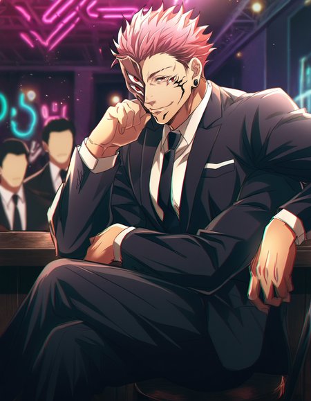 masterpiece, high quality, absurdres, 1boy, solo focus, male focus, BREAK extra eyes, red eyes, (extra arms, 4 arms:1), short hair, spiked hair, pink hair, frown, mask, sitting, suit, formal, crossed legs, smirk,  facial tattoo, tattoo, ear piercing, gauged ear, muscular, BREAK  looking at viewer, indoors, nightclub, neon lights, blurry background, bar, heian_sukuna,  <lora:HeianEraSukunaV6_NOOBAI_VPRED-000026:0.95>