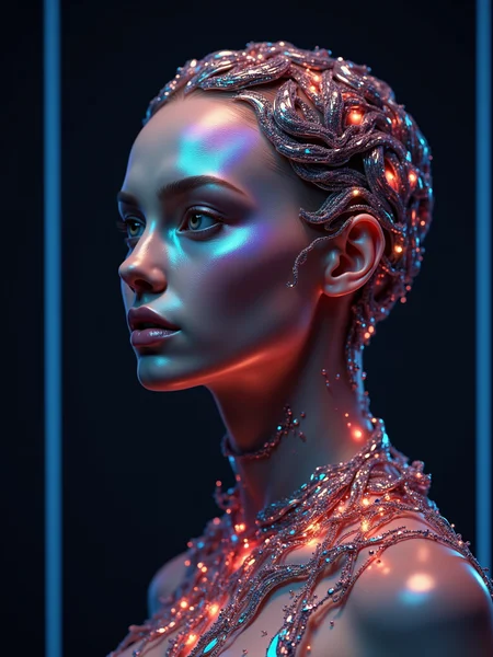 A female figure, half-body portrait, with intricate accessories around her head or shoulders. These pieces are crafted from materials with an intense futurism hyperreal iridescent effect, reflecting all the bright, positive colors of the studio lighting. Integrated fiber optics within the accessories are glowing softly, highlighting their surreal design. Her skin is rendered with hyperreal perfection. This digital art close-up is composed with cinematic lighting to emphasize the shine and glowing details, perfect for a beauty or accessory focused fashion cover.
<lora:ral-iridescent-hyperreal-futurism-flux_000003000:1>