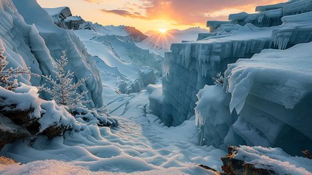 A professional scenic photography of the view On a hidden ice-carved amphitheater with frozen seracs towering overhead. At winter dawn, pale blush light glints on frost-coated seracs, each breath hisses into frigid air, and the amphitheater lies silent under fresh snow. ,, masterpiece, best quality, amazing quality, very aesthetic, high resolution, ultra-detailed, absurdres, scenery, film grain, HDR, 8K, high contrast, realistic, cosplay, muted lithing, sharp focus, (chromatic aberration), fine details,