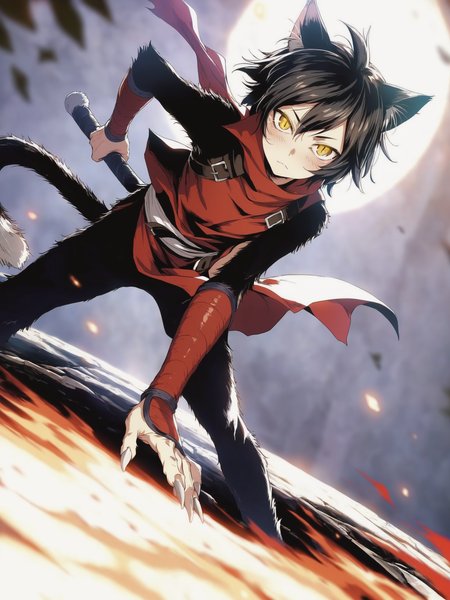 score_9,score_8_up,score_7_up,best quality,masterpiece,4k,uncensored,prefect lighting,rating_safe,very aesthetic,anime,art,fine art parody BREAK
official art,
1girl,small girl,:3,
slit pupils,slave,ninja,belt,tunic,
dungeon,blurry background,dynamic pose,full body,
solo,looking_at_viewer,blush,claws,
cat girl,(furry:1.2),black fur,(asymmetrical  body fur:1.2,,izutsumi,black_hair,short_hair,yellow_eyes,cat_tail,slit_pupils,two-tone fur,,,,,,<lora:ã¤ããã3d4js2:0.8>,,,,,