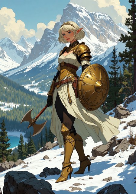 Anime art, Full-length, gorgeous fantasy blonde, naturally straight short platinum hair, tiara, tight golden armor, standing on a hill. Full, high breasts, tight waist, round thighs, blue eyes, no blush. Backdrop of fantasy highlands in winter, bright and cold winter colors, icy lakes and wooded areas, mixture of evergreen and deciduous, pixie hairstyle, diffused lighting, determined facial expression, intricate armor details. holding Axe and Shield <lora:aidmaMJ6.1_v0.5_3:0.5>,  <lora:Anime Art V3_Flux:0.5>