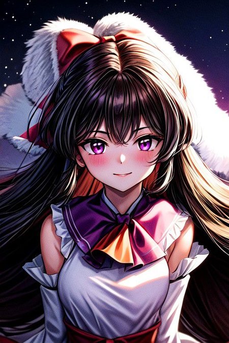 masterpiece,  best quality 1girl Setsun4 solo long hair,  (night time) forest background black hair very long hair purple eyes multicolored hair armor (fur trim) (medium body),<lora:EMS-179-EMS:0.800000>,<lora:EMS-293862-EMS:0.800000> bow, hair_bow, hair_tubes, red_bow, brown_hair, long_hair, bangs, sidelocks, ascot, brown_eyes, frilled_bow, yellow_ascot, blush, smile, hair_between_eyes
