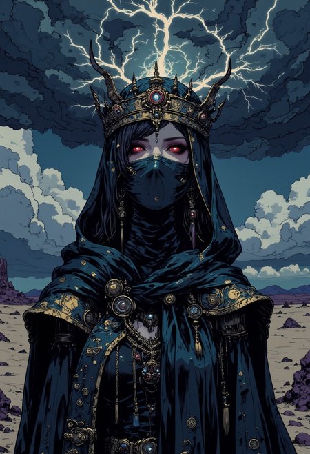in the style of cksc, studio anime art, detailed ink sketch, high quality digital illustration. A veiled empress stands solemnly on a sea of endless black sand under a sky filled with storm clouds and lightning. Her face is partially obscured by a dark veil that shimmers with cosmic symbols, and only her intense, glowing red eyes are visible. The elaborate crown on her head seems to merge with the storm clouds above, creating the illusion of lightning arcing from her headpiece. Her cloak billows in the wind, echoing the thunderous roars of the storm as she commands the desolate landscape.
