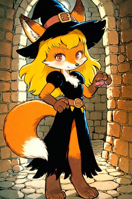 (anthro fox girl:1.2),blonde hair,witch outfit,paws
 illustration,tezuka osamu, clogs, looking at viewer,dungeon
<lora:Perfect Hands:1> <lora:age_slider_v4:-3> <lora:osamu:0.9>, score_9, score_8_up, score_7_up, score_6_up, score_5_up, score_4_up,zPDXL