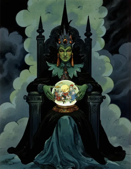 <lora:LV_NEW:1>, Wicked Witch of the West (Gingema) sitting on a throne made of storm clouds, her green skin contrasting with her black cloak. She holds a crystal ball showing Dorothy's journey. Style: Vladimirsky's dramatic lighting and gothic elementsâspiky architecture, shadowy textures, and a stormy background. Her expression should be sly but not overtly menacing, per his nuanced villain portrayal, lighting