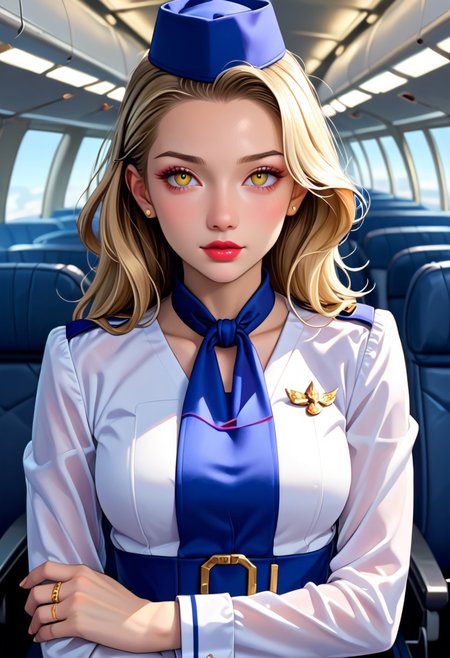 score_9, score_8_up, score_7_up, source_anime, highly detailed,  
1 girl, 23 years old,
margaretp4, blonde hair, long hair, yellow eyes, big breasts,
cabin crew, blue skirt, uniform, white shirt, miniskirt, stewardess hat, pantyhose, black pantyhose, high heels, lipstick,
airport, lounges, standing, From front.